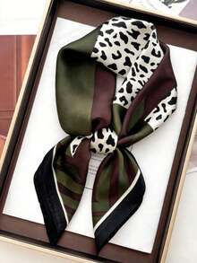 1pc Smooth Satin Square Scarf, Leopard Print Patchwork Geometric Stripe Pattern, Soft Lightweight Multi-Use Small Neck Scarf, Can Be Used As Headscarf, Hairband, Neck Scarf, Bag Decoration, Women's Daily, Workplace, Travel Matching Accessory, Vintage Elegant All-Season Versatile Style - Multicolor - View 5