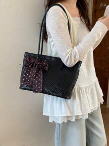 女款托特肩背包，純色波點蝴蝶結緞帶裝飾，大容量，極簡優雅風，日常通勤購物手提包 - 黑色 - 查看 6