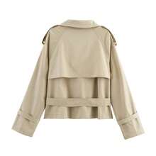 MUMRAP Jaket Wanita Musim Gugur Kerah Tegak Kancing Polos Lengan Panjang Gaya Jalanan dengan Sabuk - Khaki - View 5