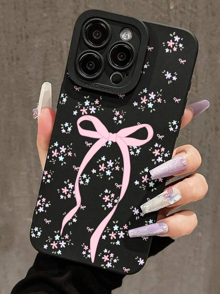 1件清新女孩風蝴蝶結彩色小碎花黑貓眼全包覆軟手機殼,適用於 iPhone 11/12/13/14/15/16/17 Pro Max - 彩色 - 查看 1
