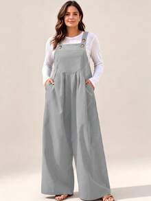 IGKEEL Plus Size Casual Solid Color Wide Leg Jumpsuit, Spring/Summer - Light Grey - View 3