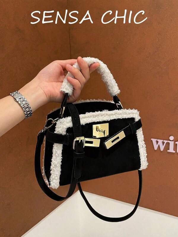 Colorblock Plush Patchwork Plush Box Bag With Silver Metal Lock And Belt-Style Decorative Structure, Short Plush Handle, Detachable Crossbody Strap, Sweet Cool Style, Vintage Mini Lipstick Storage Pouch