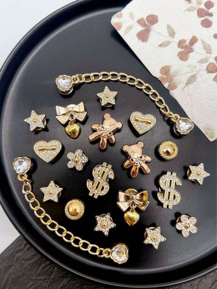 20pcs Bow Bear Shoe Charms DIY Detachable Shoe Decorations ABS Rhinestone Chain Shoe Accessories Suitable For Clogs, Women's Sandals, Slippers, Beach Shoes, Holiday Gift - Gold - View 1