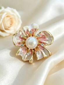 1Pc Sparkly Rhinestone Petal Flower Shape Pearl Inlaid Lapel Pin, Retro Chic Versatile Brooch, Jewelry For Ladies Daily & Gathering Wear - Floral Style B Pink - View 10