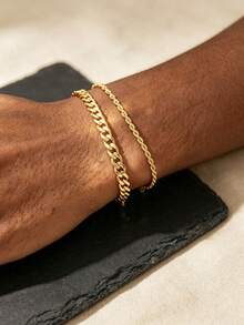Conjunto de 2 brazaletes de acero inoxidable chapados en oro con diseño minimalista para hombres, adecuados para el uso cotidiano, el trabajo y festivales, regalo para el novio - Dorado - Ver 1