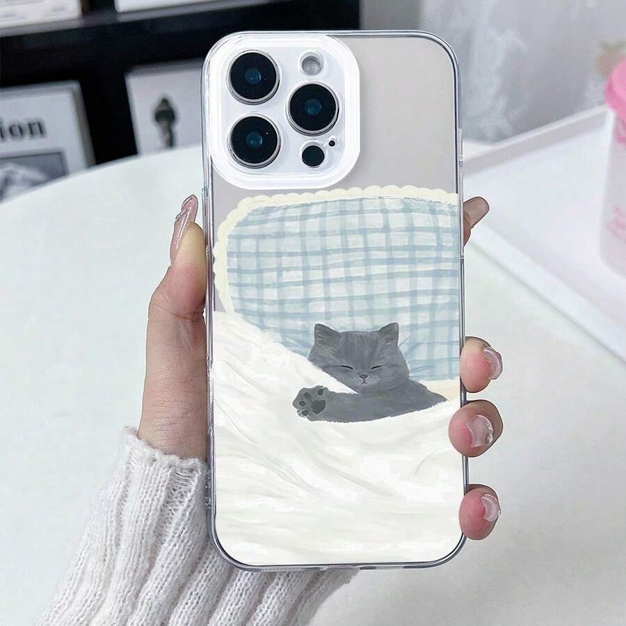 1pc Transparent Phone Case With Pattern Of Little Gray Cat Curled Up In Bed, TPU Mobile Phone Protective Cover, Suitable For Apple 16/15/14/13/12/11 - 無色 - 查看 1