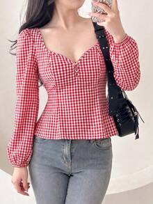 Women's Red & White Plaid, Heart Neckline, Button Front Cutout, Ruched Waist, Backless Tie, Slim Fit A-Line, Ruffle Hem, Puff Long Sleeve Blouse, Casual Sweet Vintage Style, Suitable For Dating, Daily Outings, Vacation, Work, Commuting, Back To School, Autumn/Winter - Red - View 1