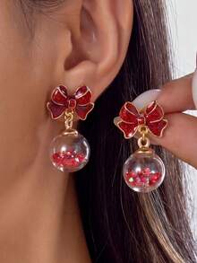 2pcs Christmas Bow Crystal Ball Girl Holiday Party Earrings - Red Bow - View 1