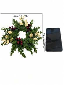 1/2pcs Red Berry & Gold Leaf Wreath - Artificial Green Pine Needle Candle Ring For Wedding Table Centerpiece, Holiday And Party Decor - A - View 4