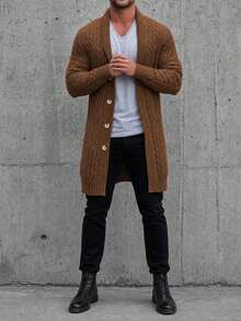 Men Cable Knit Long Cardigan Shawl Collar Button Down Thick Long Sleeve Sweater Coat - Khaki - View 3