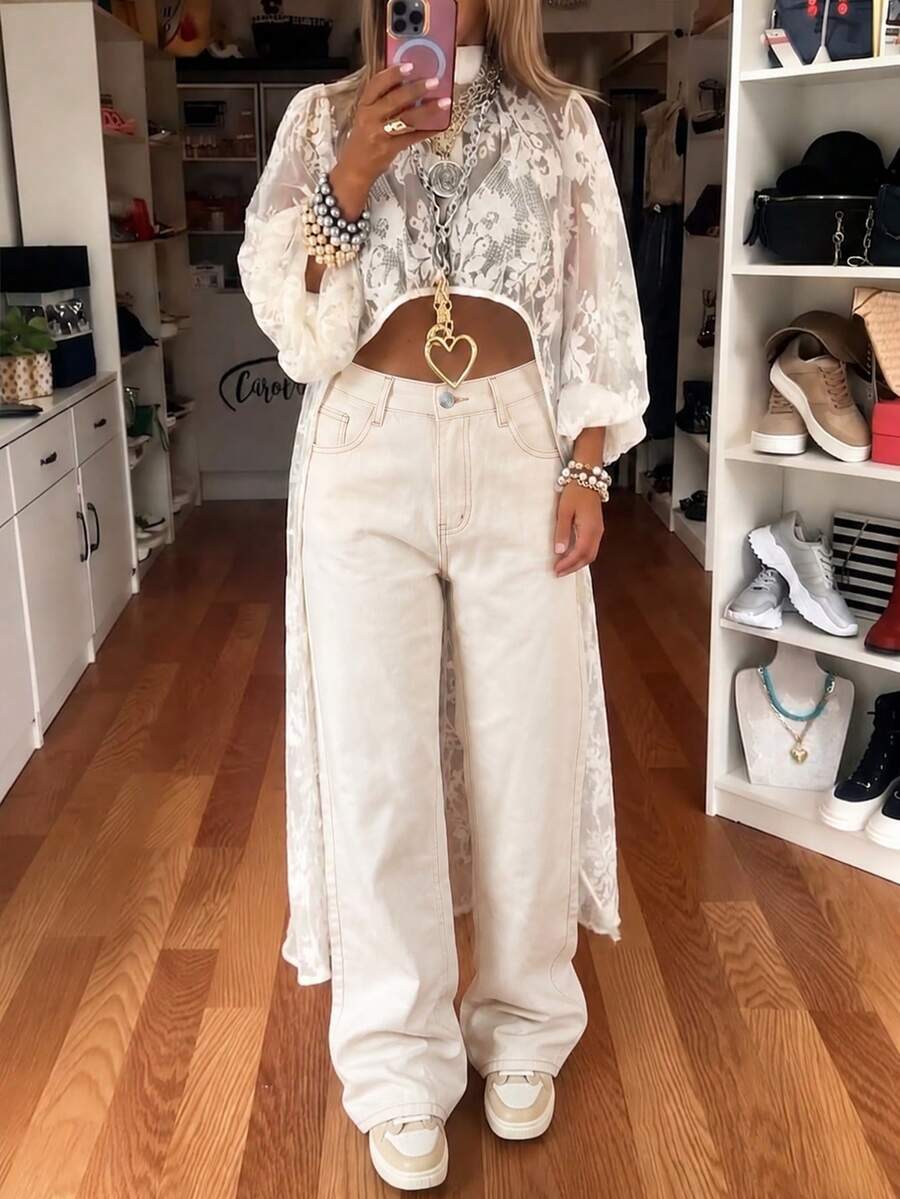 Women's Casual Elegant White Straight Leg Jeans, Extra Long Non-Stretch Retro Y2K Style Loose Fit Pants With Zipper Detail - Nude - View 1