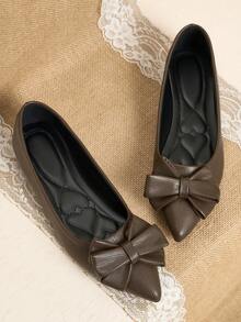 Pointed Toe Low Vamp Bow Flat Shoes, Delicate Satin Texture Soft And High-End Feel, Versatile Shoes. - Light Brown - View 2