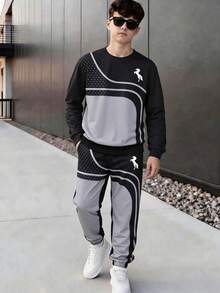 Setelan Olahraga Kasual Musim Semi/Gugur untuk Remaja, 2 Potong, Kaos Lengan Panjang Leher Bulat Motif Polkadot Blok Warna Melengkung Hitam & Abu-abu dan Celana Jogger - Hitam - View 3