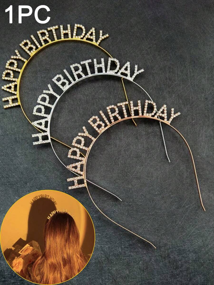 1pc Rhinestone Letter Decor Party Headband, Gold Happy Birthday Crown, Silver Shiny Headband, Birthday Girl Headband, Crown Headband Accessory, Girls Princess Crown Rhinestone Decor, Suitable For Party Decoration, Anniversary, Celebration, Christmas - Multicolor - View 1