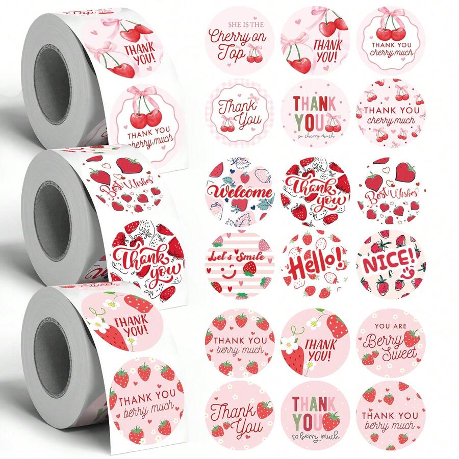 500pcs Sweet Strawberry Cherry English Thank You Round Stickers, 1 Inch ...