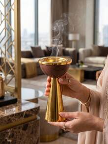 Luxury Metal Incense Burner Arabic Style, Dual-Use As Aromatherapy Diffuser And Incense Burner, Creates Elegant Atmosphere For Home And Home Decor, Suitable As Birthday Or Wedding Gift, Saudi National Day/Fragrance Corner - Wood Grain Style - View 3