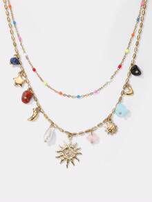 Kryxie 1pc 18K Gold Plated Stainless Steel Multi-Layer Colorful Necklace, Sun, Starfish, Heart Design Pendant, Titanium Steel Necklace - Multicolor - View 3