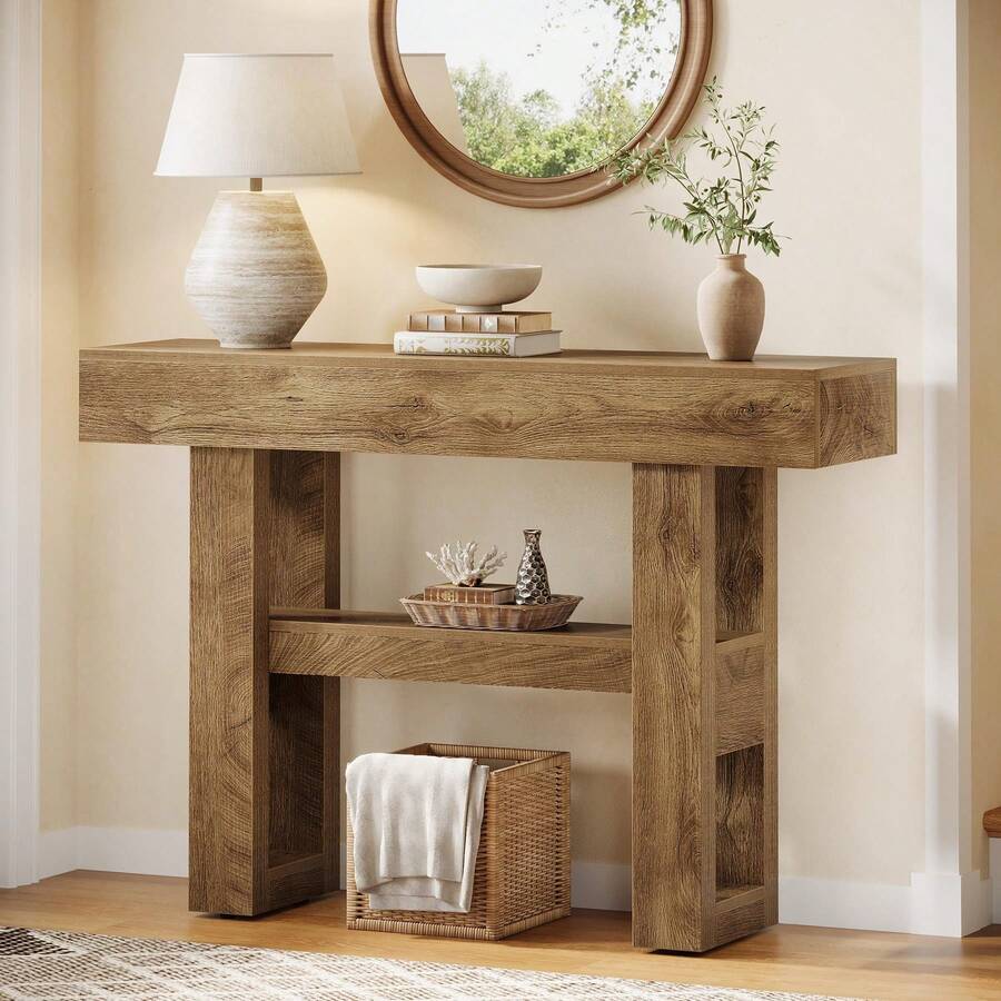 LITTLE TREE 105cm Farmhouse 2-Tier Console Table Narrow Storage Sofa Table Behind Couch For Hallway Foyer Living Room Light Brown - Light Brown - View 1