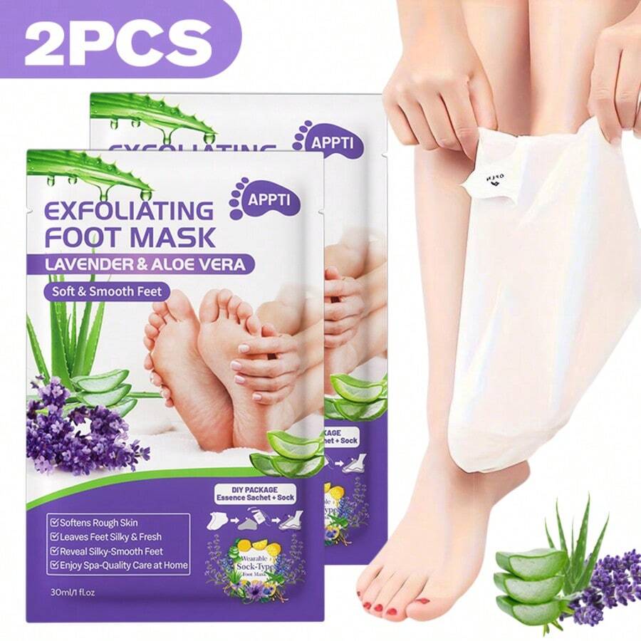 Masker Kaki 2pcs Lavender dan Aloe Vera, Masker Kaki Eksfoliasi, Pengangkatan Sel Kulit Mati, Melembapkan dan Menutrisi untuk Kaki Kasar dan Kering dengan Asam Laktat, Urea dan Asam Malat - 2 buah - View 1