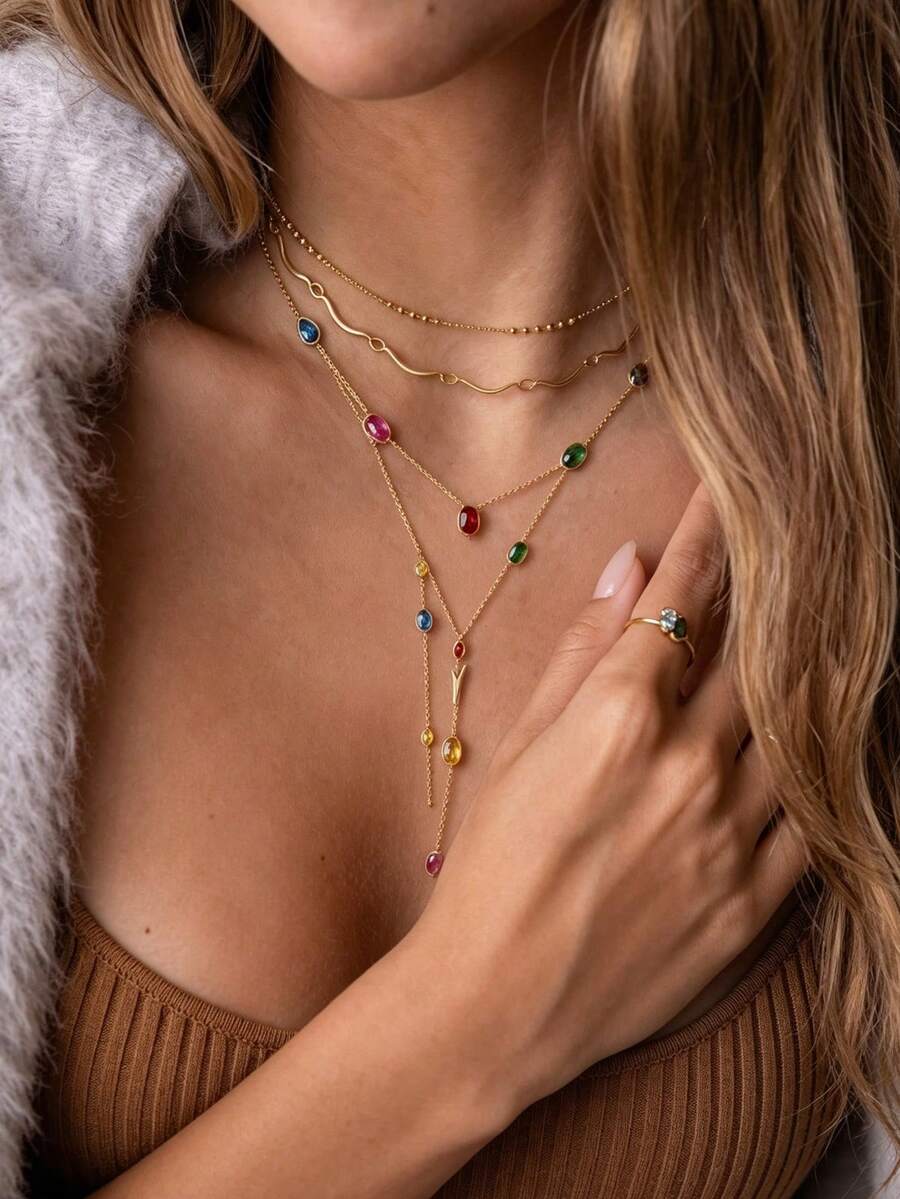 S SHOPBOHO 1pc Stainless Steel Colorful Crystal Rhinestone Y-Shaped Long Necklace, Summer Waterproof Jewelry - Y Necklace - View 1