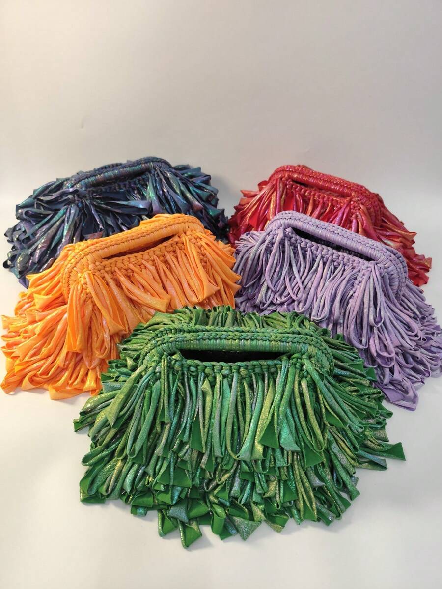 Shiny Tassel Handmade Crochet Clutch Bag, Metallic Color Tassel Woven Evening Bag, Bohemian Style Party Mini Handbag
