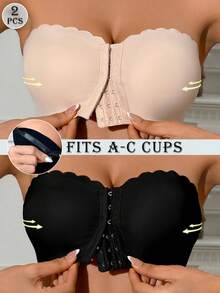 2pcs/Set Multi-Color Front Closure Bandeau Bras, Upgraded Non-Slip Padded Seamless Bras For Women (A-C Cup), Everyday Wear - Multicolor - View 2