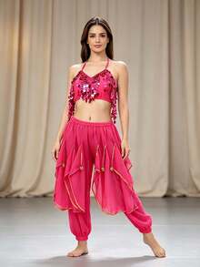 Crop Top Halter Berkilau dengan Payet Bulat dan Celana Harem Jala Berlapisan Emas untuk Latihan Tari Perut & Pemotretan Video (Tersedia dalam Berbagai Warna) - MultiWarna - View 11
