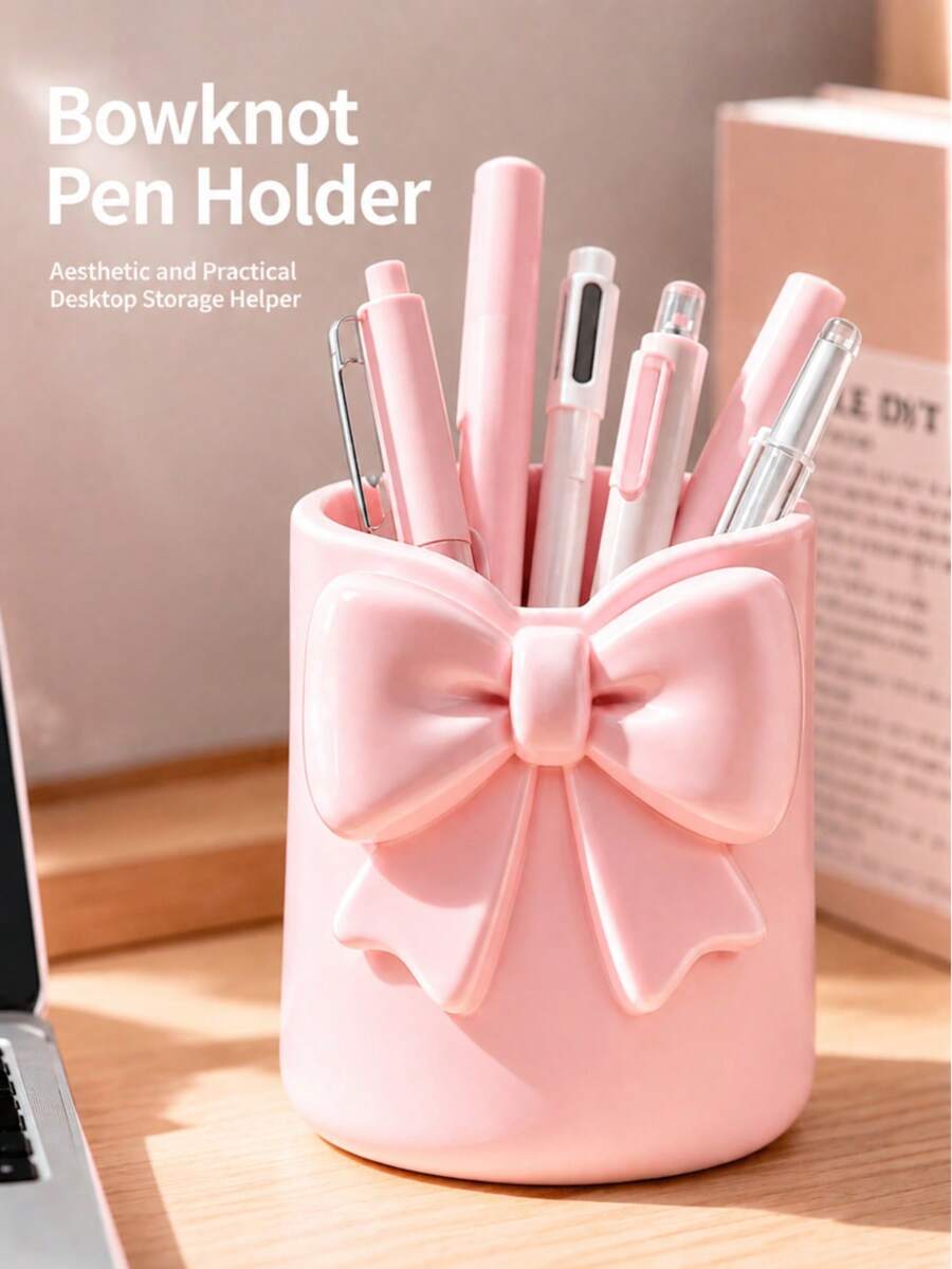 Bowknot Round Pen Holder (1pc), 3D Printed Multi-Functional Storage Bucket - Suitable For Desktop Stationery, Makeup Brushes, Eyebrow Pencils And Lipsticks Storage; Both A Stationery Storage Box For Students To Store Pencils And Ballpoint Pens, And A Cute Desktop Decor; Suitable As Student Gift, Birthday Gift Or Back To School Season Item. - Multicolor - View 1