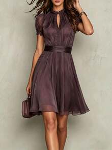 2026 Fashion New Hot-Selling Solid Color Double-Layer Mesh Lace Trim Short Sleeve - Purple - View 1