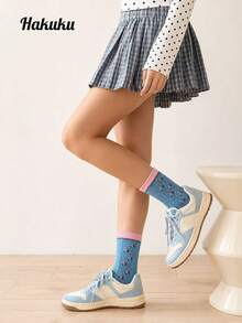 4 Pairs Random Forest Tulip Pattern Versatile Women's Slouch Socks, Mid-Calf Socks, All Season Autumn/Winter Wear, Campus Japanese Vintage Literary Style, Soft Skin-Friendly Comfortable - Multicolor - View 5