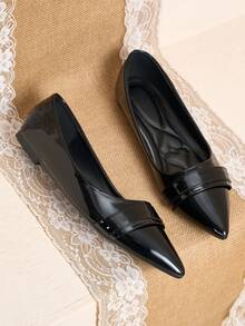 Pointed Toe Low Vamp Bow Flat Shoes, Delicate Satin Texture Soft And Premium Feel, Versatile Shoes - Deep Black - View 3