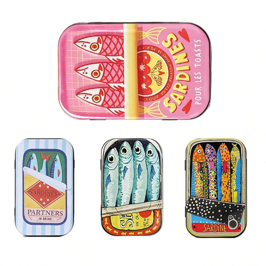 1pc Colorful Sardine Printed Flip-Top Compact Metal Tin Box, Portable Storage Container For Coins, Buttons, Fishing Hooks And Other Small Items, Holiday Gift