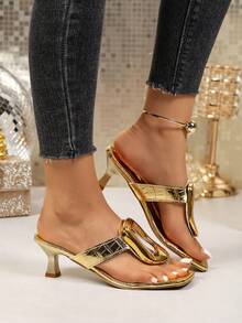 Light Luxury Large Buckle Thin Heel Thong Sandals, Gold Square Toe Open Toe Kitten Heel Versatile Comfortable Summer Women's High Heel Flip Flops For Party And Evening - Gold - View 3