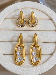 Elegant Oval Link Multi-Shape Zirconia Circle Hoop Earrings Stainless Steel Jewelry Set For Women,Party,Daily,Christmas,Valentine Birthday Gifts - Multicolor - View 5