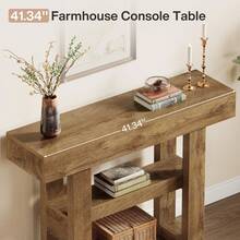 LITTLE TREE 105cm Farmhouse 2-Tier Console Table Narrow Storage Sofa Table Behind Couch For Hallway Foyer Living Room Light Brown - Light Brown - View 4