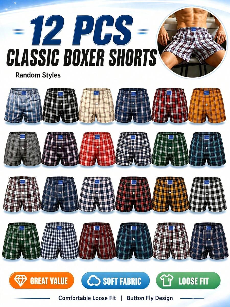 Ckiruv 12-Piece Men's Arrow Shorts Set, Assorted Striped Designs, Lightweight And Comfortable Fabric, Suitable For Sleepwear, Beachwear, And Boxing Shorts - Multicolor - View 1