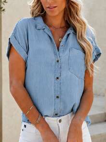 Women's Blue V-Neck Casual Short-Sleeve Washed Denim Shirt, Large Size Loose Cardigan Lightweight Denim-Look Shirting Fabric - Blue - View 1