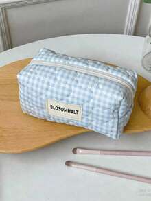 BLOSOMHALT 3pcs Cute Blue Plaid Heart Quilted Down Cosmetic Bag Set, Korean Aesthetic Thickened Makeup Travel Storage Bag With Handle And Woven Label, Suitable For Women And Girls - Blue - View 6