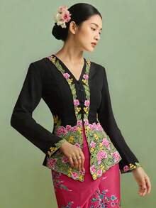 女款 Kebaya Nyonya 優雅時尚刺繡長袖上衣 - 黑色 - 查看 3