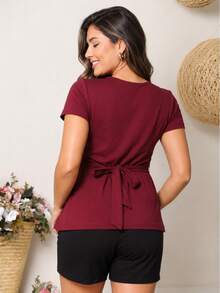 Blusa Gestante com Faixa Ajustável em Viscolycra Premium – Conforto e Elegância para a Gravidez - bordô - Visão 5
