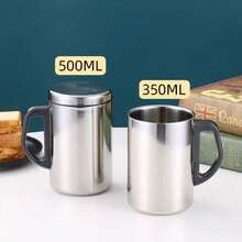 1pc Double Wall Insulated Mug With Handle And Lid, Heat-Resistant Anti-Scald Cup, All-Season Office Mug - Silver - View 3