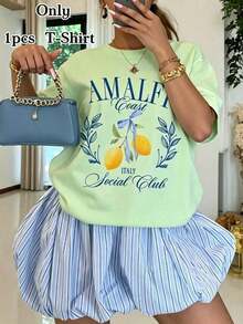 Women's Fall Amalfi Italy Lemon Graphic Tee, "AMALFI ITALY Social Club" Print, 180g Soft Slightly Stretch Cotton Round Neck Short Sleeve Casual Top - 綠色 - 查看 1