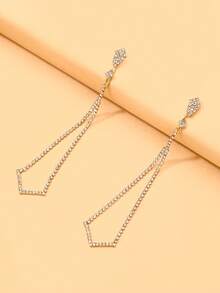 FAAABULS 1pc Rhombus Rhinestone Long Chain Tassel Drop Earrings, Hollow Rhombus Frame Pendant Earrings, Women's Daily Commute Party Evening Jewelry - Rhinestones - View 8