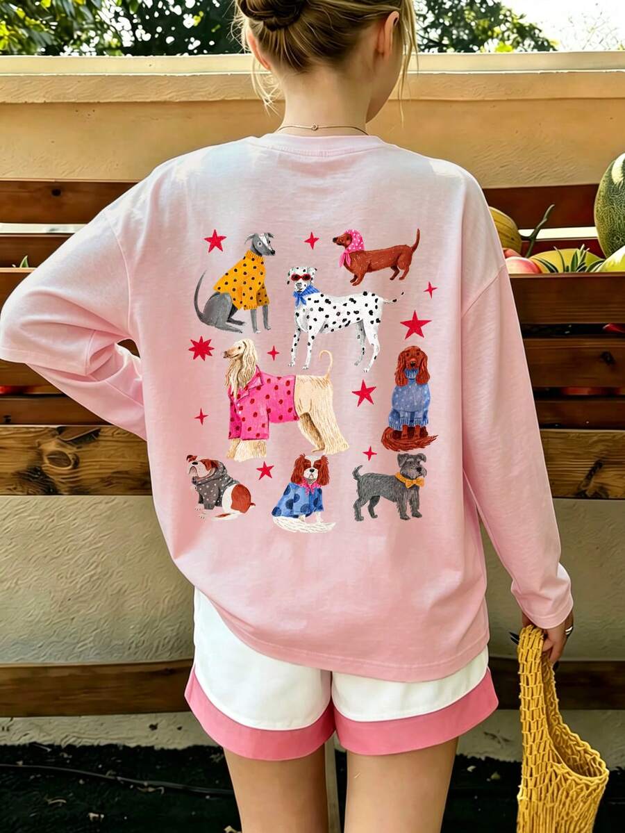 Teenage Girls Cute Dog Back Print Long Sleeve T-Shirt, Cartoon Puppy Wearing Clothes Pattern Pink Top, Casual Daily Campus Outfit - Pink - View 1