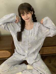 2pcs/Set Women's Pajamas Homewear Set, Fashionable Cute Rabbit Print Open Front Long Sleeve Long Pants, Suitable For All Seasons - Mauve Purple - View 7