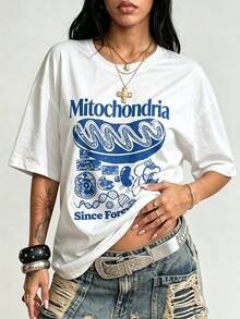 Women's Festival Tee: Mitochondria Graphic & Cell DNA Illustration, Blue Text, White Unisex Science Summer T-Shirt - 升級款白色 - 查看 1
