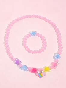 2pcs/Set Cute Resin Heart Pendant Star Beaded Necklace & Bracelet Jewelry Set For Girls, Daily, Holiday, Party Gift - Multicolor - View 7