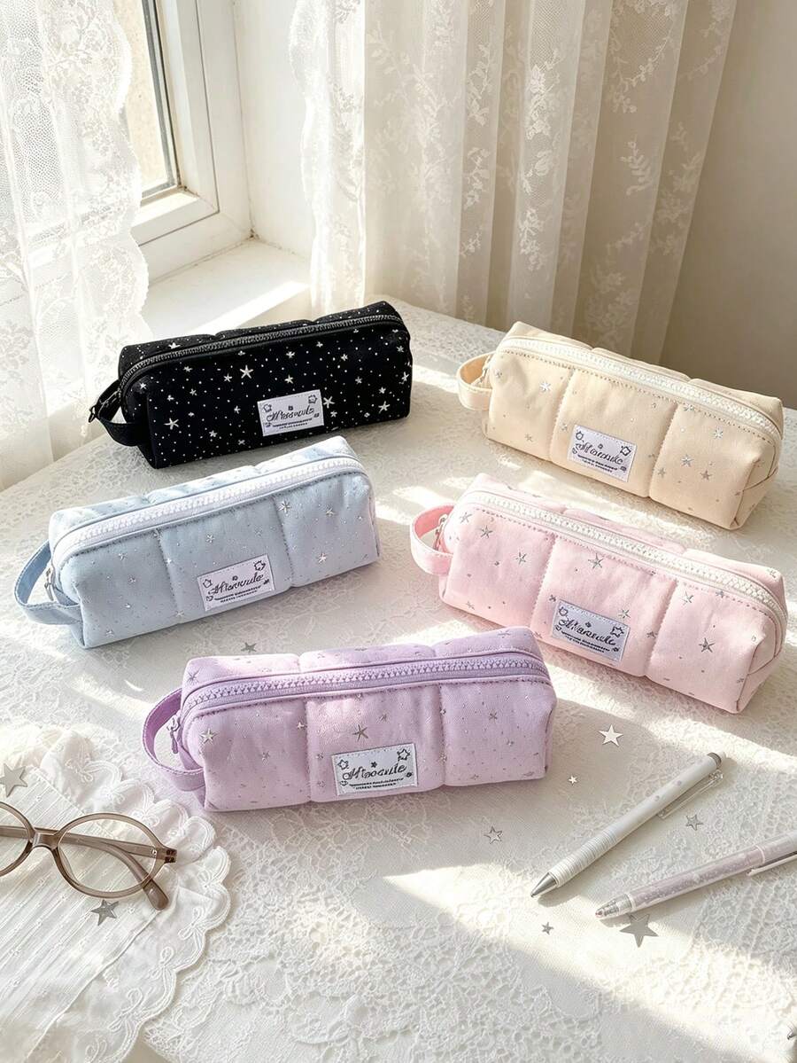 Silver Star Pattern Makeup Bag Zipper Cosmetics Storage Bag Quilted Makeup Brushes Holder Large Capacity Travel Toiletry Bag Pencil & Stationery Case - Multicolor - View 1