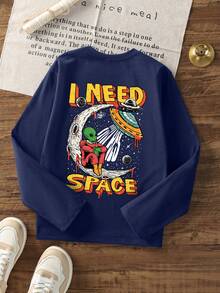Tween Boys Long Sleeve Tee, I Need Space Alien UFO Moon Back Graphic Print, Fall Winter Casual Daily Tops - Navy Blue - View 3