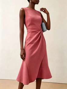 1pc Women's Solid Color Elegant Elegant Minimalist Sleeveless Round Neck Party Dress, Fashionable Casual Mid-Length Summer Dress Pink Wedding Fall - Pink - View 4